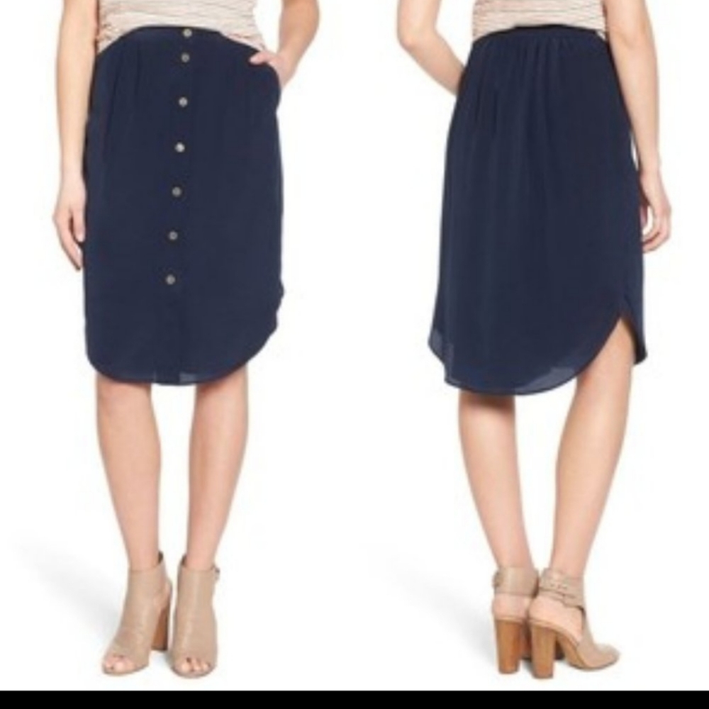 Madewell Navy Silk Island Buttonfront Skirt